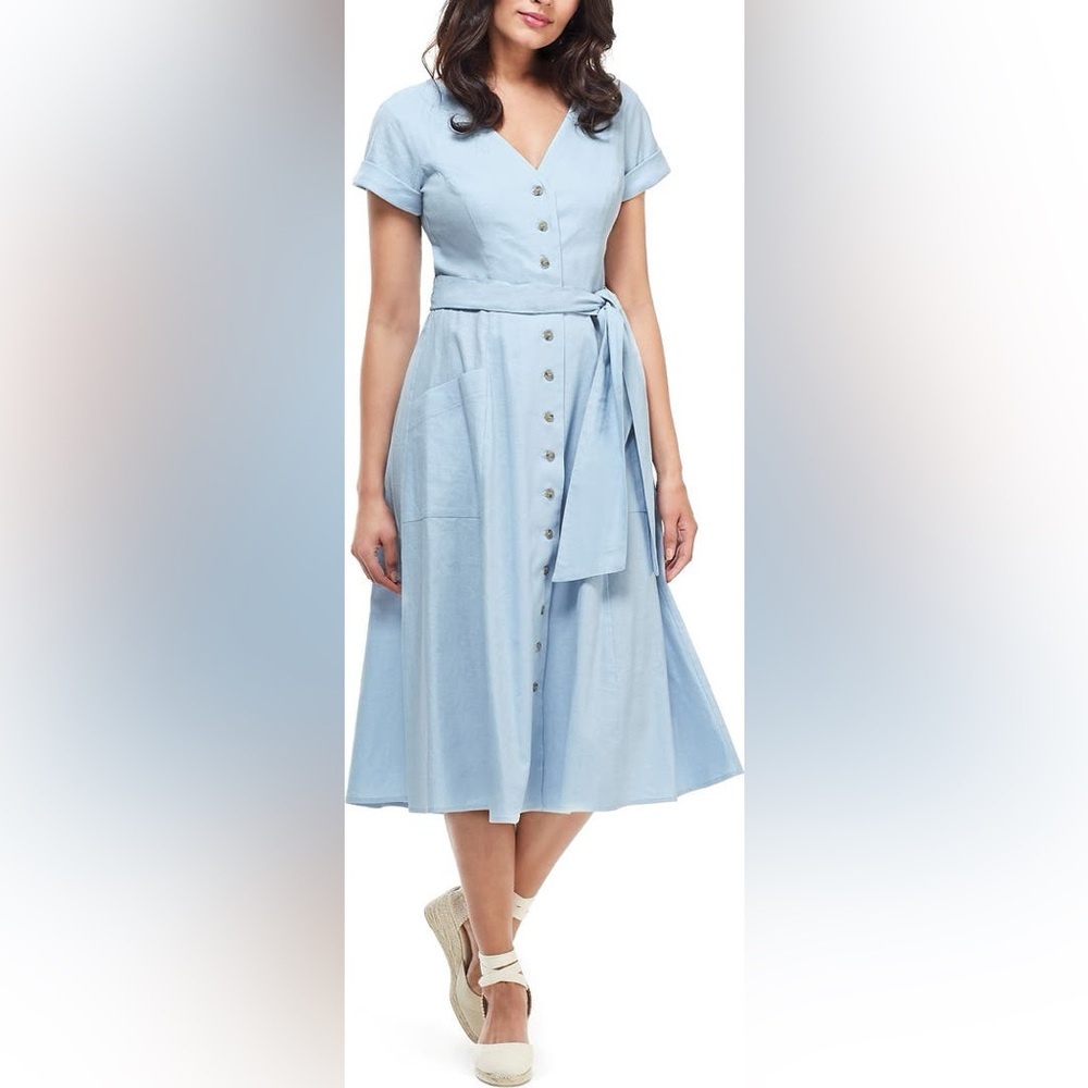 GAL MEETS GLAM NWOT Vanessa Button Front Linen Blend Midi Dress in Sky
